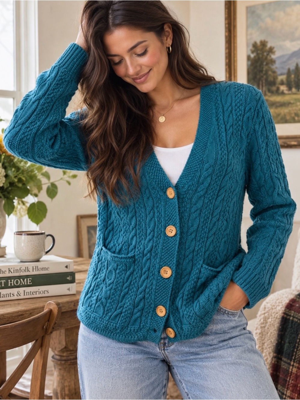 Vintage 90s L.L.Bean Teal Cable Knit Cotton Cardigan Sweater S